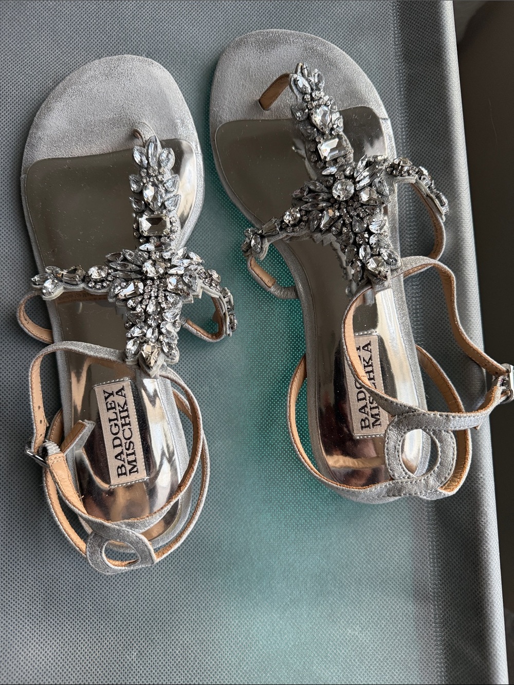 Badgley Mischka Silver Crystal Embellished T-Strap Sandals - Picture 3 of 6